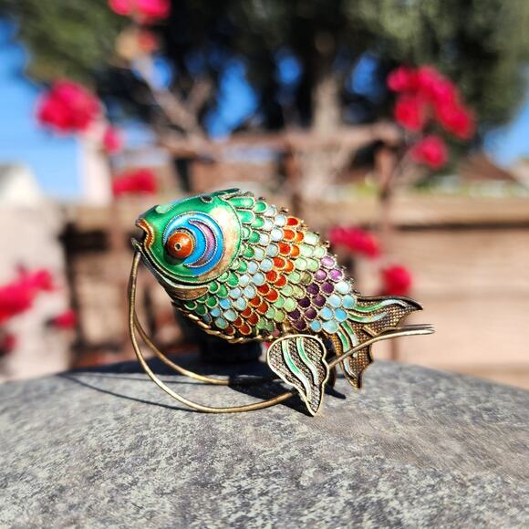 Vtg Old Chinese Export Fish Figurine Sterling Silver Gilt Cloisonne Articulated - Picture 16 of 16